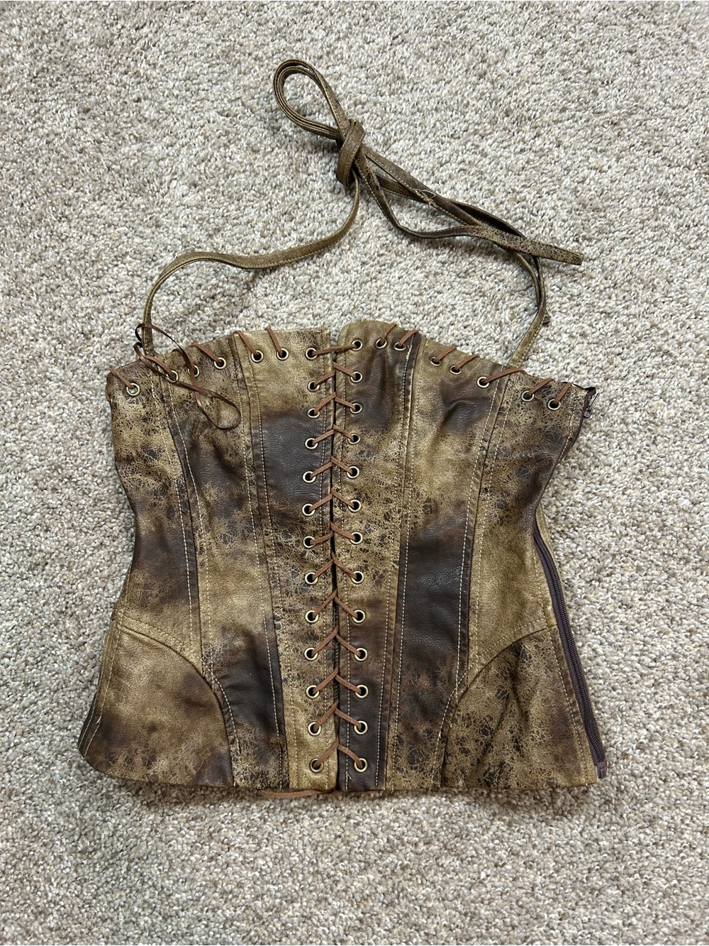 Windsor Distressed Brown Faux-Leather Lace-Up Corset Crop Top